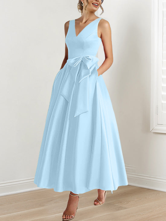 A Line Princess V Neck Sleeveless Ankle Length Mother Of The Bride Dresses With Pockets Ruffles