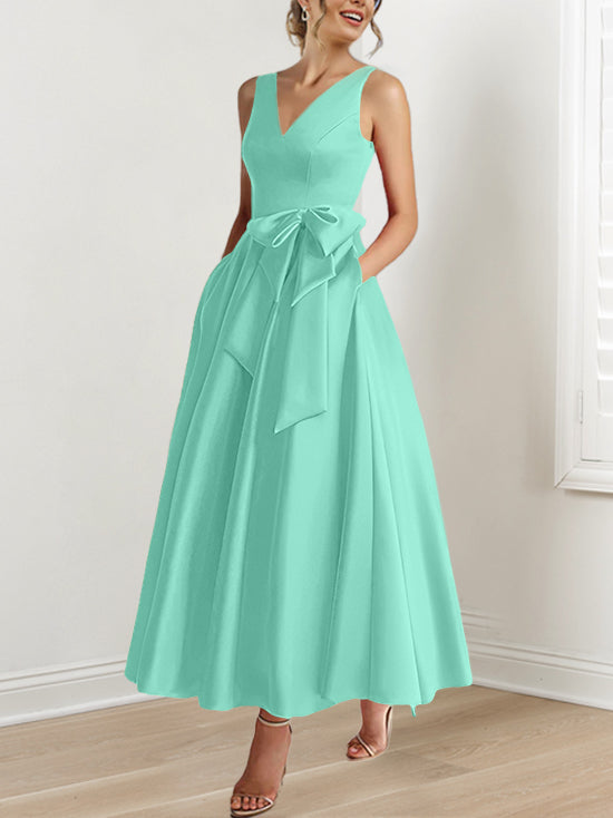 A Line Princess V Neck Sleeveless Ankle Length Mother Of The Bride Dresses With Pockets Ruffles