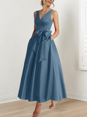 A Line Princess V Neck Sleeveless Ankle Length Mother Of The Bride Dresses With Pockets Ruffles