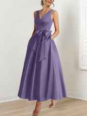 A Line Princess V Neck Sleeveless Ankle Length Mother Of The Bride Dresses With Pockets Ruffles