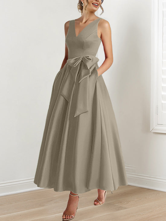 A Line Princess V Neck Sleeveless Ankle Length Mother Of The Bride Dresses With Pockets Ruffles