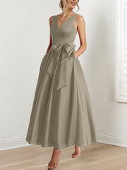 A Line Princess V Neck Sleeveless Ankle Length Mother Of The Bride Dresses With Pockets Ruffles