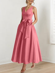 A Line Princess V Neck Sleeveless Ankle Length Mother Of The Bride Dresses With Pockets Ruffles