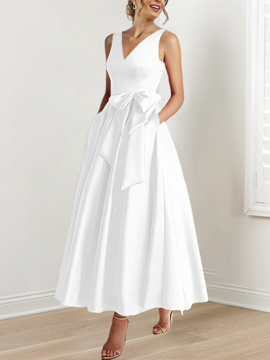 A Line Princess V Neck Sleeveless Ankle Length Mother Of The Bride Dresses With Pockets Ruffles