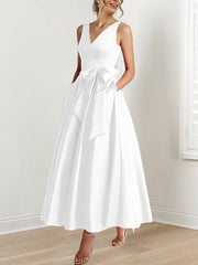 A Line Princess V Neck Sleeveless Ankle Length Mother Of The Bride Dresses With Pockets Ruffles