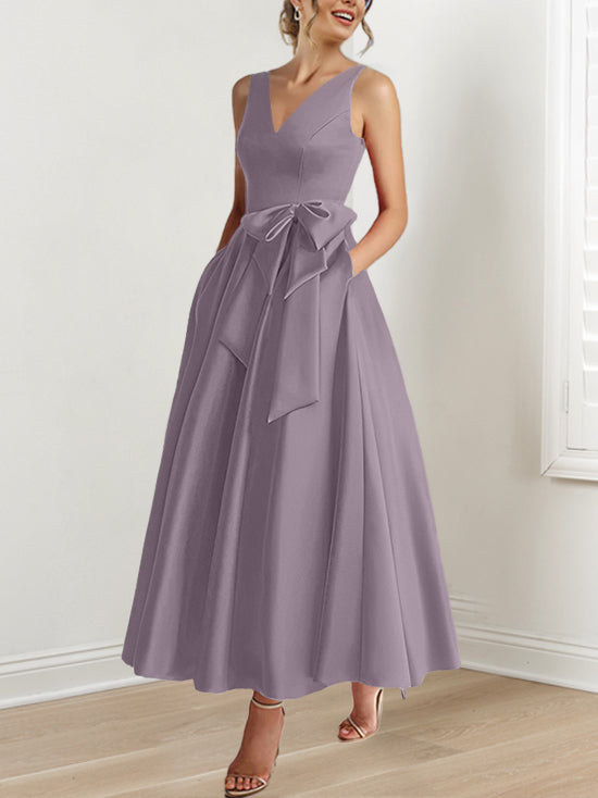 A Line Princess V Neck Sleeveless Ankle Length Mother Of The Bride Dresses With Pockets Ruffles