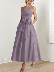 A-Line/Princess V-Neck Sleeveless Ankle-Length Mother of the Bride Dresses with Pockets & Ruffles