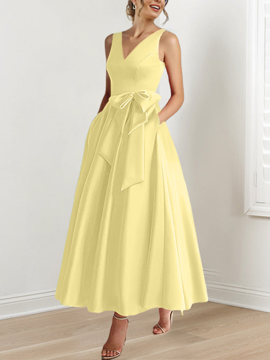 A Line Princess V Neck Sleeveless Ankle Length Mother Of The Bride Dresses With Pockets Ruffles