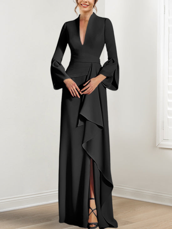 Sheath Column V Neck Long Sleeves Floor Length Mother Of The Bride Dresses With Split Side