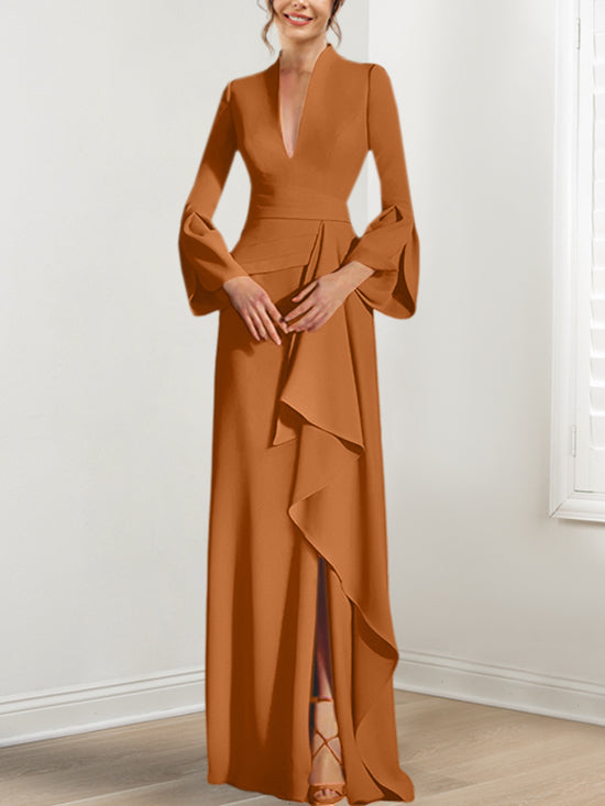 Sheath Column V Neck Long Sleeves Floor Length Mother Of The Bride Dresses With Split Side