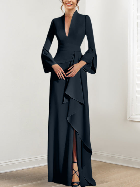 Sheath Column V Neck Long Sleeves Floor Length Mother Of The Bride Dresses With Split Side