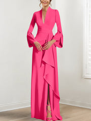 Sheath Column V Neck Long Sleeves Floor Length Mother Of The Bride Dresses With Split Side