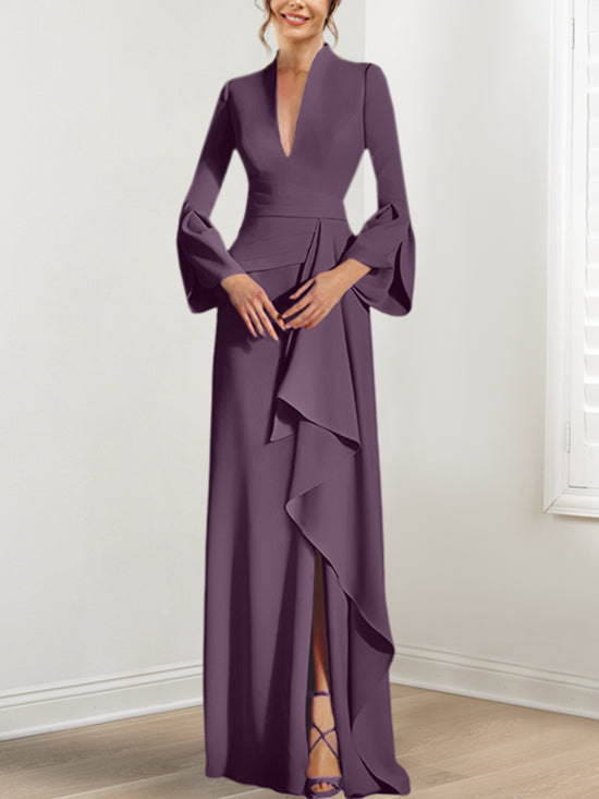 Sheath Column V Neck Long Sleeves Floor Length Mother Of The Bride Dresses With Split Side
