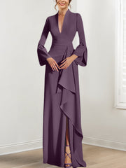Sheath Column V Neck Long Sleeves Floor Length Mother Of The Bride Dresses With Split Side
