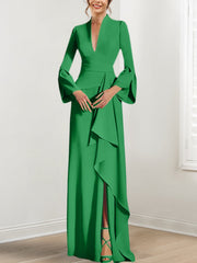 Sheath Column V Neck Long Sleeves Floor Length Mother Of The Bride Dresses With Split Side