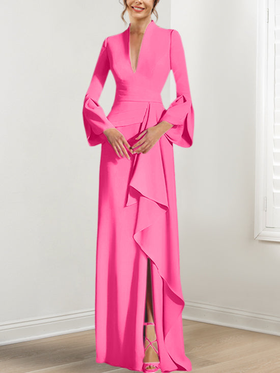 Sheath Column V Neck Long Sleeves Floor Length Mother Of The Bride Dresses With Split Side