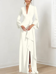 Sheath Column V Neck Long Sleeves Floor Length Mother Of The Bride Dresses With Split Side