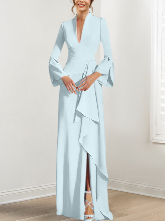 Sheath Column V Neck Long Sleeves Floor Length Mother Of The Bride Dresses With Split Side