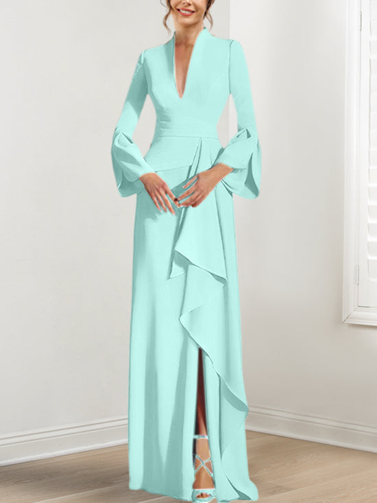 Sheath Column V Neck Long Sleeves Floor Length Mother Of The Bride Dresses With Split Side