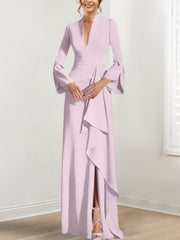 Sheath Column V Neck Long Sleeves Floor Length Mother Of The Bride Dresses With Split Side
