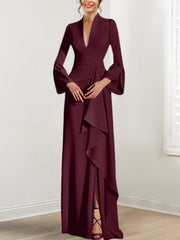 Sheath Column V Neck Long Sleeves Floor Length Mother Of The Bride Dresses With Split Side