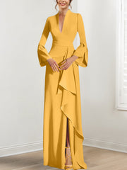 Sheath Column V Neck Long Sleeves Floor Length Mother Of The Bride Dresses With Split Side