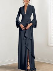 Sheath Column V Neck Long Sleeves Floor Length Mother Of The Bride Dresses With Split Side
