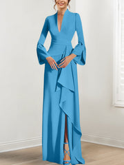 Sheath Column V Neck Long Sleeves Floor Length Mother Of The Bride Dresses With Split Side