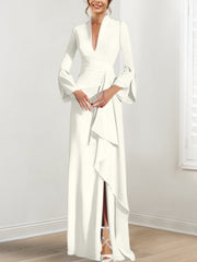Sheath Column V Neck Long Sleeves Floor Length Mother Of The Bride Dresses With Split Side