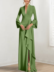 Sheath Column V Neck Long Sleeves Floor Length Mother Of The Bride Dresses With Split Side