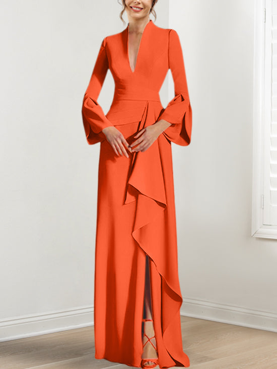 Sheath Column V Neck Long Sleeves Floor Length Mother Of The Bride Dresses With Split Side