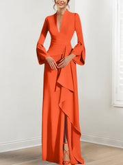 Sheath Column V Neck Long Sleeves Floor Length Mother Of The Bride Dresses With Split Side