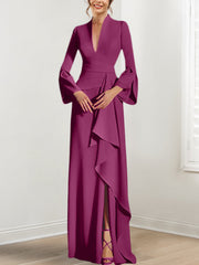 Sheath Column V Neck Long Sleeves Floor Length Mother Of The Bride Dresses With Split Side