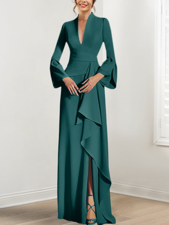 Sheath Column V Neck Long Sleeves Floor Length Mother Of The Bride Dresses With Split Side
