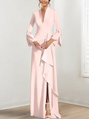 Sheath Column V Neck Long Sleeves Floor Length Mother Of The Bride Dresses With Split Side