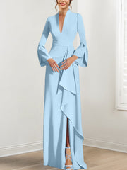 Sheath Column V Neck Long Sleeves Floor Length Mother Of The Bride Dresses With Split Side