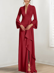 Sheath Column V Neck Long Sleeves Floor Length Mother Of The Bride Dresses With Split Side