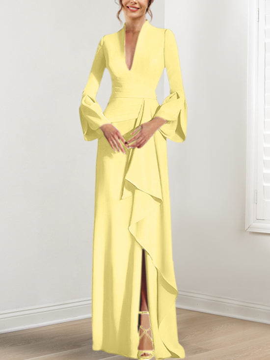Sheath Column V Neck Long Sleeves Floor Length Mother Of The Bride Dresses With Split Side