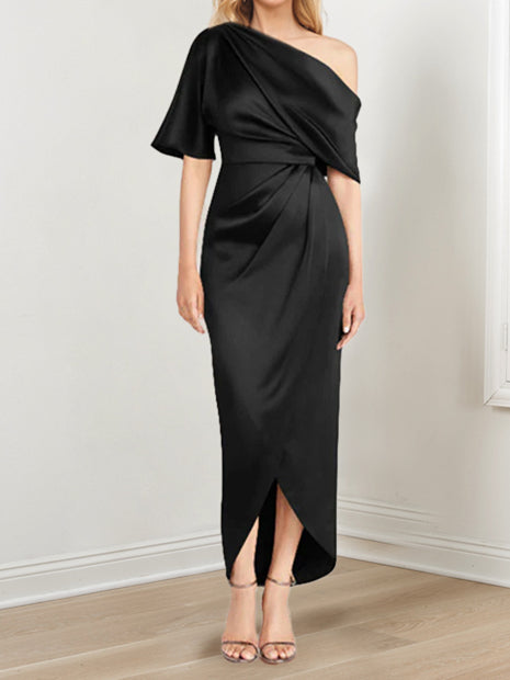 Sheath Column One Shoulder Short Sleeves Asymmetrical Mother Of The Bride Dresses With Ruffles