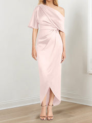 Sheath Column One Shoulder Short Sleeves Asymmetrical Mother Of The Bride Dresses With Ruffles