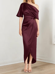 Sheath Column One Shoulder Short Sleeves Asymmetrical Mother Of The Bride Dresses With Ruffles
