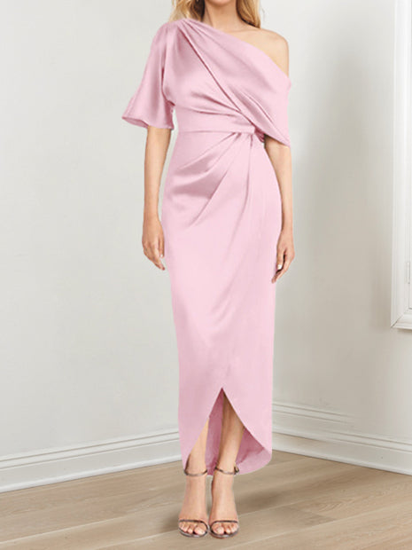 Sheath Column One Shoulder Short Sleeves Asymmetrical Mother Of The Bride Dresses With Ruffles