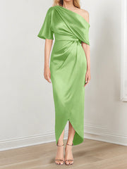 Sheath/Column One-Shoulder Short Sleeves Asymmetrical Mother of the Bride Dresses with Ruffles