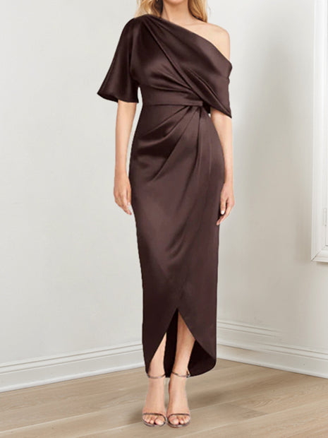 Sheath Column One Shoulder Short Sleeves Asymmetrical Mother Of The Bride Dresses With Ruffles