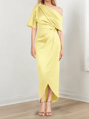 Sheath Column One Shoulder Short Sleeves Asymmetrical Mother Of The Bride Dresses With Ruffles