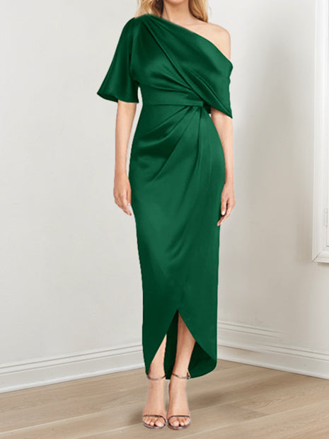 Sheath Column One Shoulder Short Sleeves Asymmetrical Mother Of The Bride Dresses With Ruffles