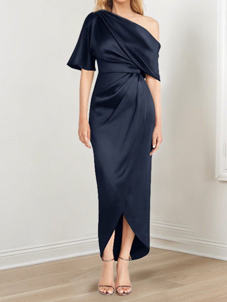 Sheath Column One Shoulder Short Sleeves Asymmetrical Mother Of The Bride Dresses With Ruffles