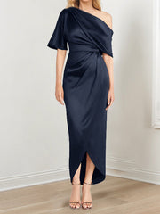 Sheath Column One Shoulder Short Sleeves Asymmetrical Mother Of The Bride Dresses With Ruffles