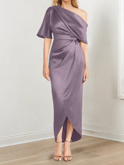 Sheath Column One Shoulder Short Sleeves Asymmetrical Mother Of The Bride Dresses With Ruffles