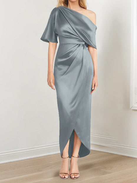 Sheath Column One Shoulder Short Sleeves Asymmetrical Mother Of The Bride Dresses With Ruffles